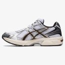 White and Cloud Grey GEL-1130 sneaker with black tiger stripes and off-white midsole