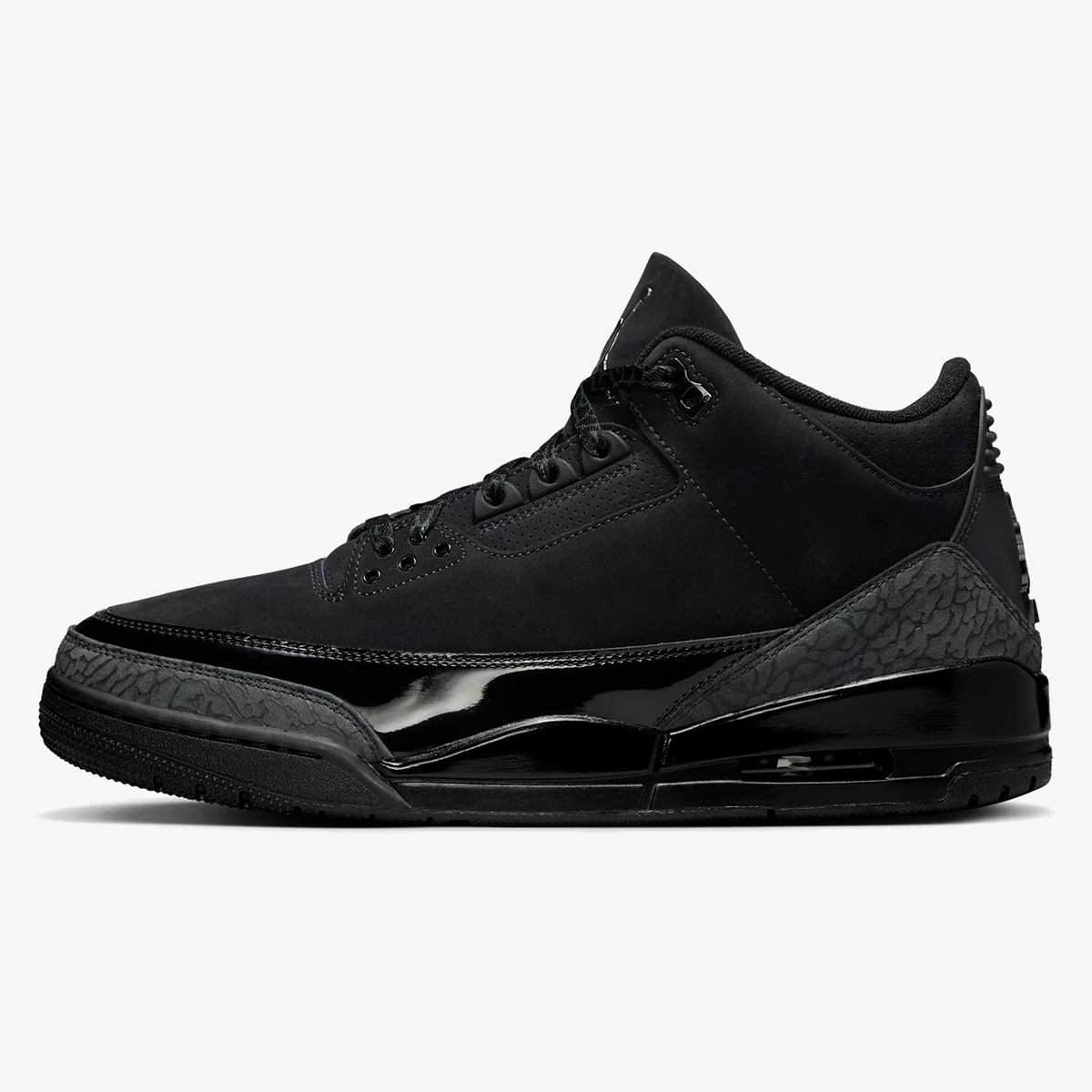 jordan 3 black cat - Black Cat Jordan 3 sneaker with black nubuck, charcoal elephant print, and glossy midsole