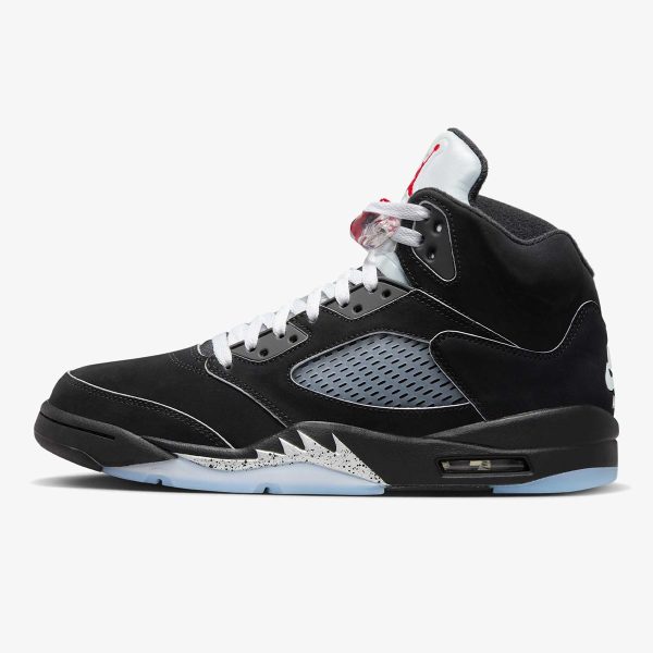 Jordan 5 Black Metallic Reimagined in black nubuck with reflective tongue and silver shark-tooth accents