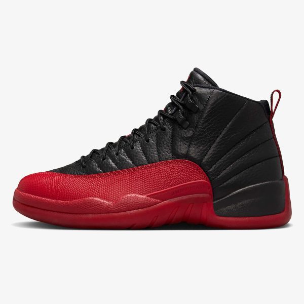 jordan 12 flu game - Black and Varsity Red Jordan 12 sneaker with tumbled leather and red outsole