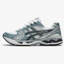 White and Fjord Grey Gel Kayano 14 sneaker with layered leather and mesh upper