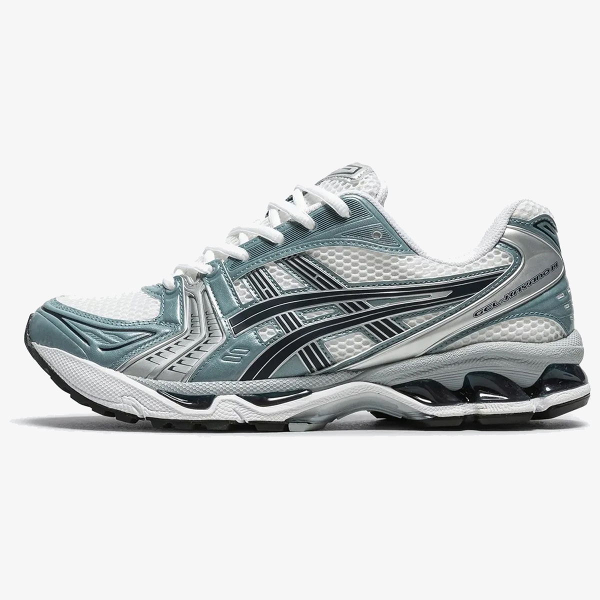 White and Fjord Grey Gel Kayano 14 sneaker with layered leather and mesh upper