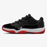 Jordan 11 Low Bred 2025 in black patent leather with red translucent outsole