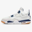 Jordan 4 SB Navy in white leather with grey suede, navy accents, and gum rubber traction
