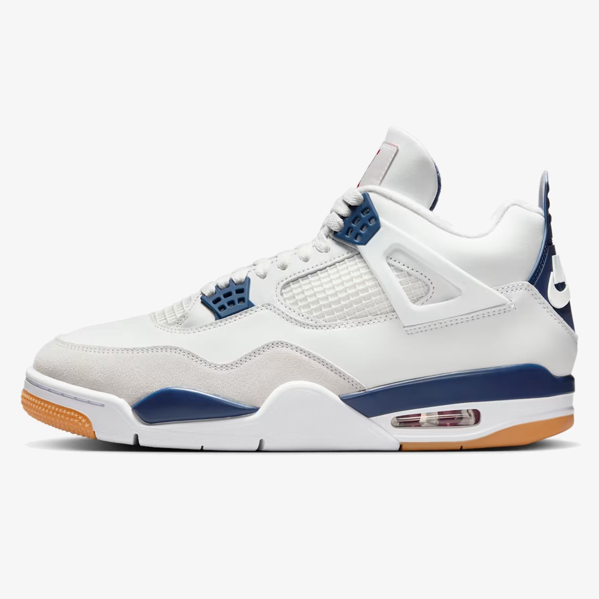 Jordan 4 SB Navy in white leather with grey suede, navy accents, and gum rubber traction