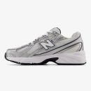 White and navy NB 740v2 sneaker with grey accents and black rubber outsole