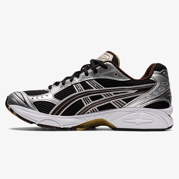Gel-Kayano 14 Black Coffee runner with dark mesh, brown accents, and metallic side stripes
