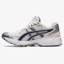 women's Gel-Kayano 14 White Midnight with white mesh, cream overlays, and dark side stripes