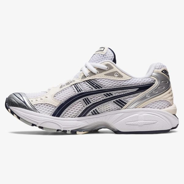 women's Gel-Kayano 14 White Midnight with white mesh, cream overlays, and dark side stripes