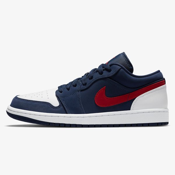 jordan 1 low usa - Midnight Navy Gym Red and White Jordan 1 Low sneaker with classic court panels