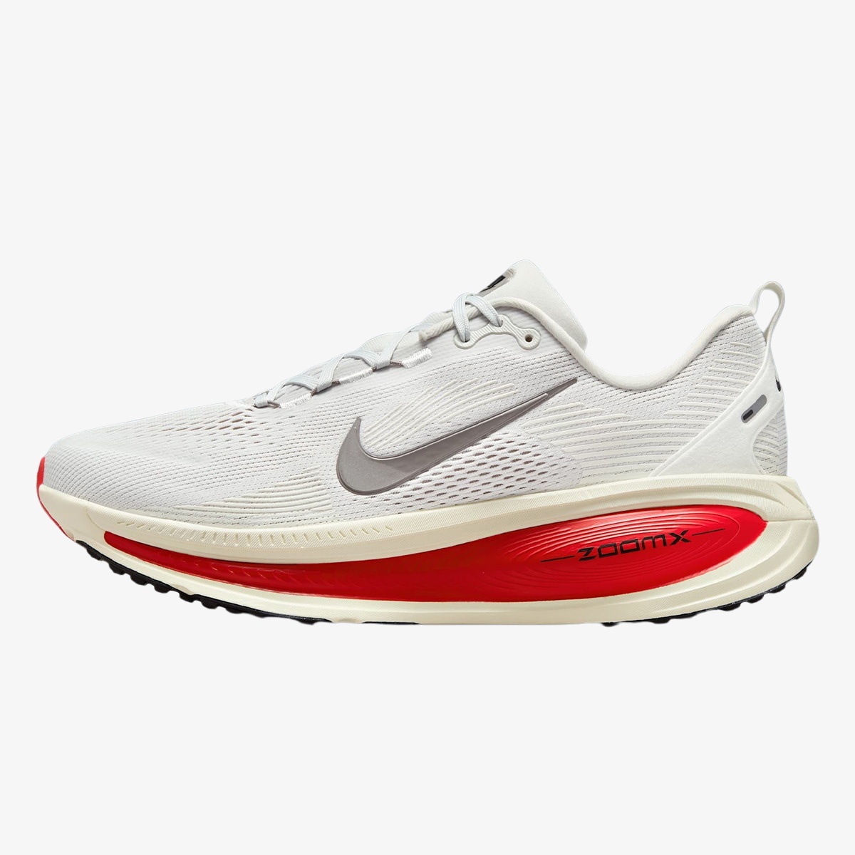 vomero 18 running shoes - Platinum Tint Vomero 18 sneaker with Siren Red accents and sculpted cushioned sole