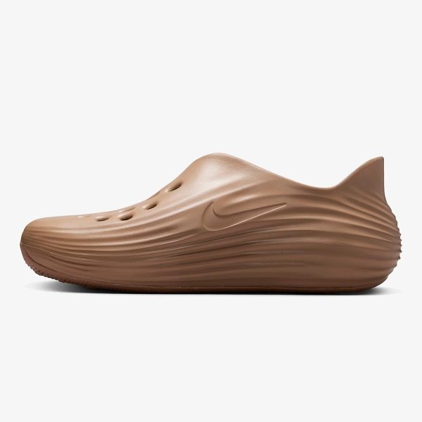 ReactX Rejuven8 Khaki slip-on with molded foam upper, ventilation holes, and tonal Swoosh
