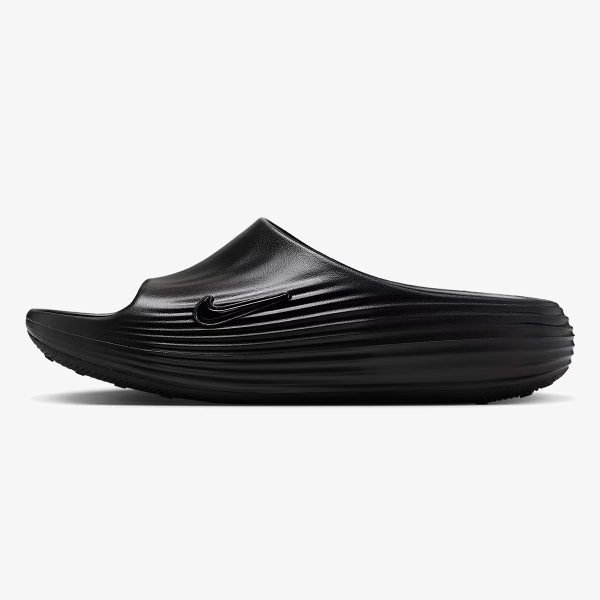 ReactX Rejuven8 Slide Triple Black sandal with molded strap and contoured foam footbed
