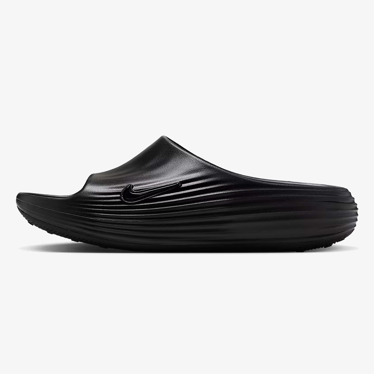 ReactX Rejuven8 Slide Triple Black sandal with molded strap and contoured foam footbed