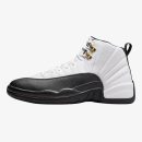 Jordan 12 Taxi sneaker with white leather, black overlays, and gold eyelets