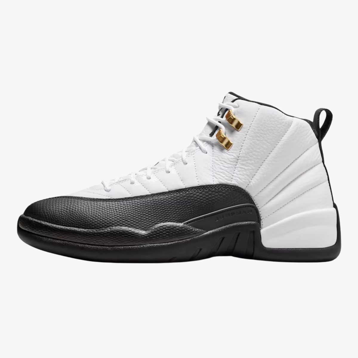 Jordan 12 Taxi sneaker with white leather, black overlays, and gold eyelets