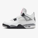 White Cement Jordan 4 sneaker with speckled grey accents and Nike Air heel branding