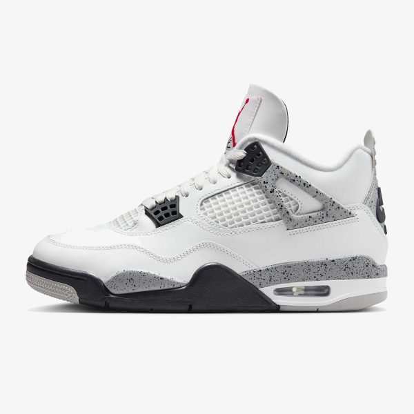 White Cement Jordan 4 sneaker with speckled grey accents and Nike Air heel branding
