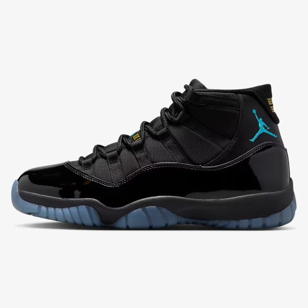 jordan 11 gamma blue - Gamma Blue Jordan 11 sneaker with black patent leather mudguard and translucent outsole