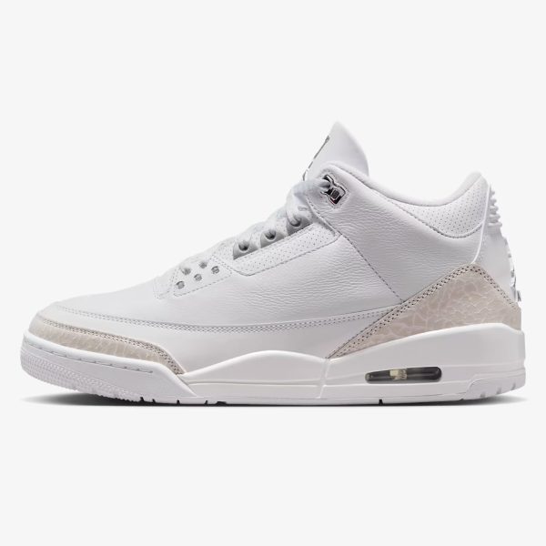 jordan 3 pure money - White and Metallic Silver Jordan 3 Retro sneaker with elephant print overlays