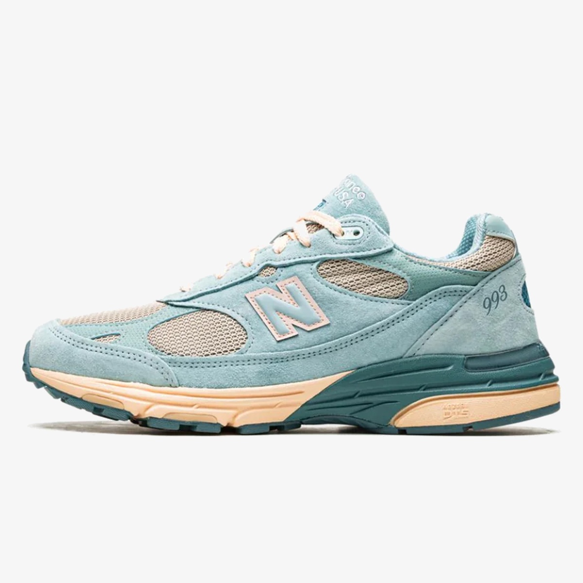 jfg 993 arctic blue - Arctic Blue JFG 993 sneaker with grey mesh, pastel suede overlays, and rose accents