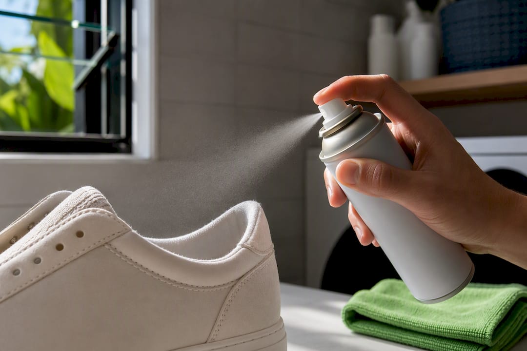 Protectant spray applied along sneaker stitching