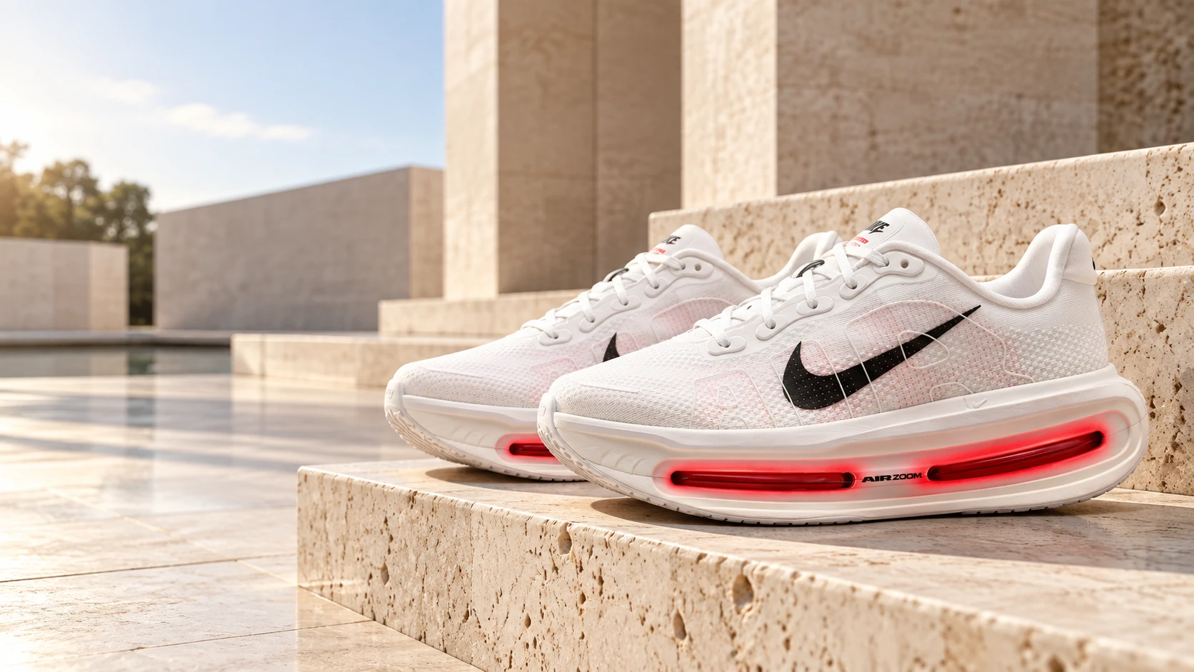 A pair of white sneakers resting on sunlit travertine steps