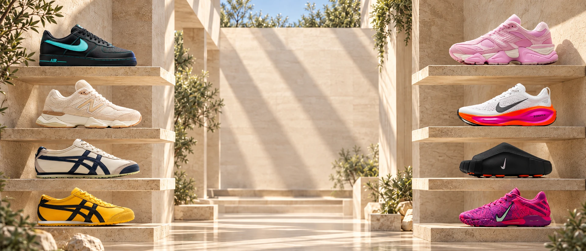 A gallery of sneakers on stone shelves in a sunlit courtyard